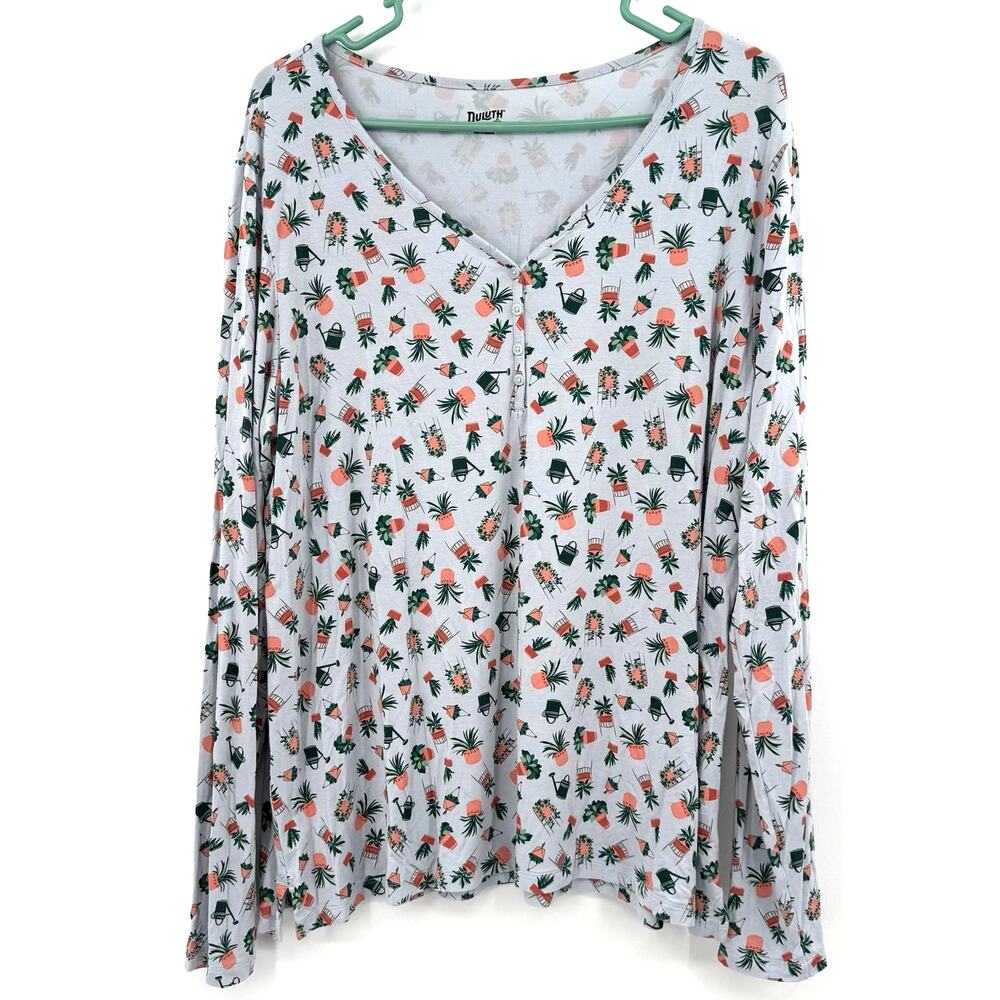 Duluth Trading Co Size XL Long Sleeve Blouse Top Shirt Henley Plants‎ Blue Green